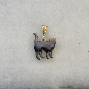 Solid 14K Yellow Mother of Pearl Lucky Black Cat Pendant Charm Necklace 90s Boho